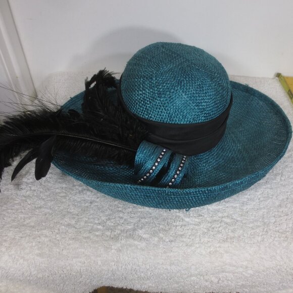 Sonni Hat 40s Vintage Teal Straw Fancy Black Feather Rhinestone Woven Size 6 7/8 main image 8